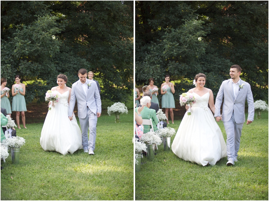 bride and groom walking down the aisle, romantic wedding photography