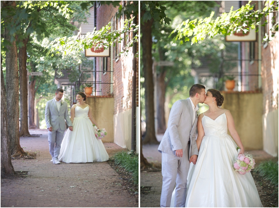 bride and groom walking through old salem, winston salem wedding photographers