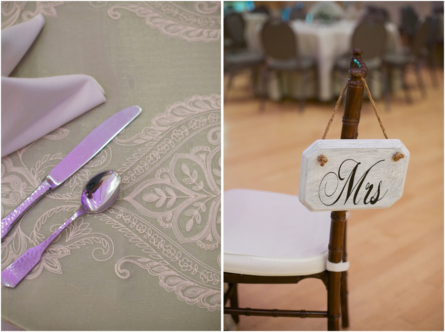 silverware on intricate tablecloth, rustic mrs. sign, southern wedding photographers