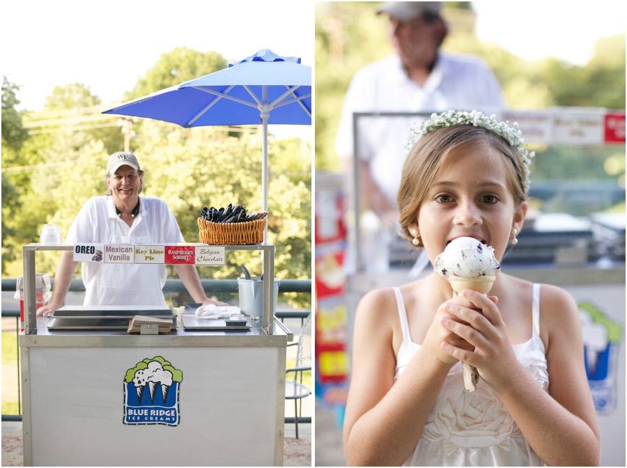 Blue Ridge Ice Cream stand at wedding reception, junior bridesmaid eating an ice cream cone, old salem wedding photography