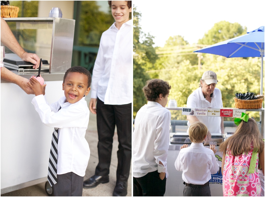 young boy getting ice cream from Blue Ridge Ice Cream stand at wedding reception, old salem wedding photography