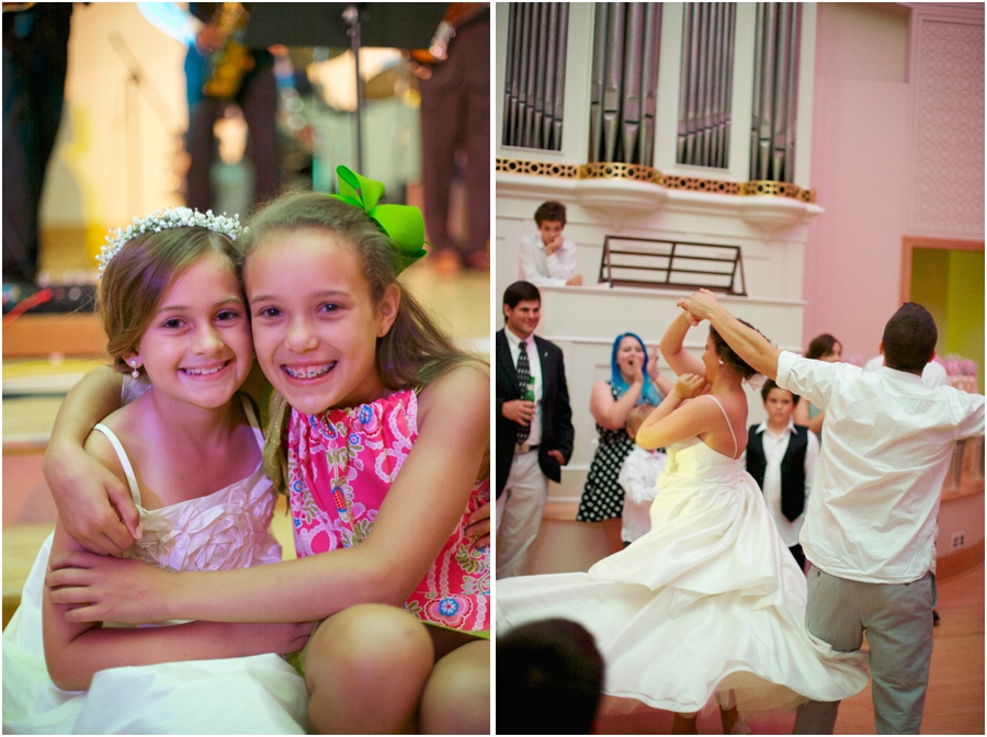 flower girl with at friend at wedding reception, fun wedding reception photography