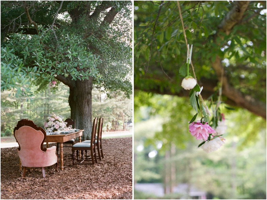 southern bridal luncheon, farmhouse-style table set beneath oak trees with a vintage pink velvet chair placed just for the bride, pink and blush peonies strung on a piece of twine with clothespins, southern wedding photographers