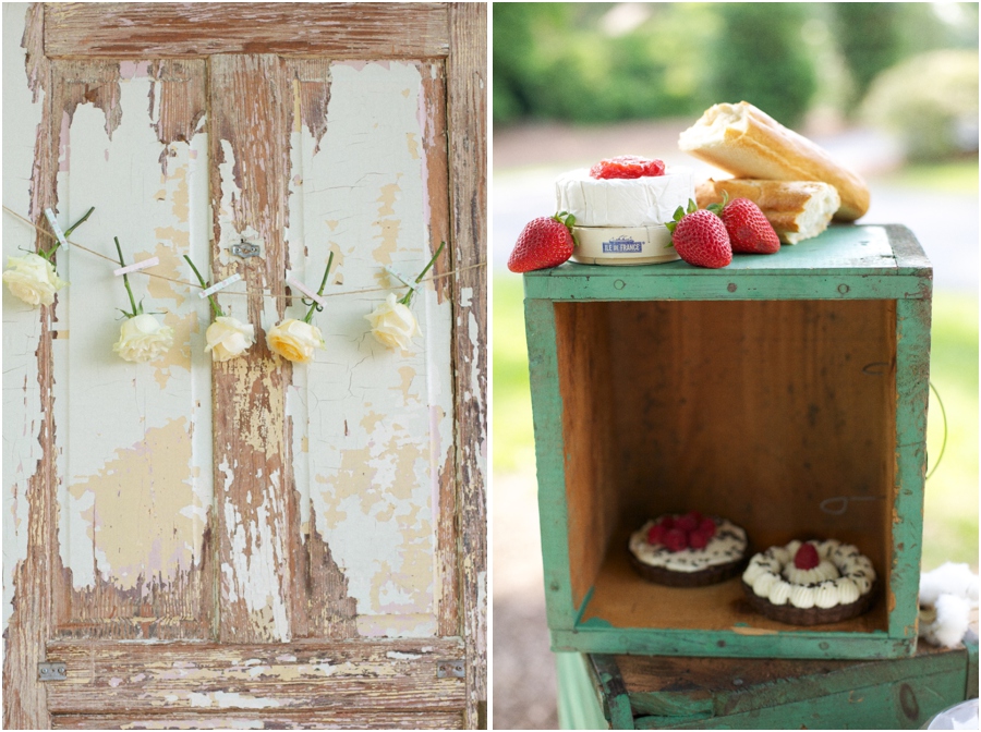 roses strung on twine with clothespins, easy southern bridal diy decor, yummy mini pies served at summer bridal luncheon