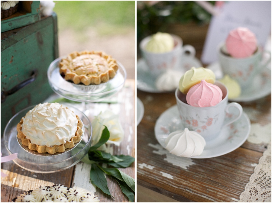 assorted mini pies at vintage bridal luncheon, pink and yellow meringues in vintage china teacups, southern wedding photographers