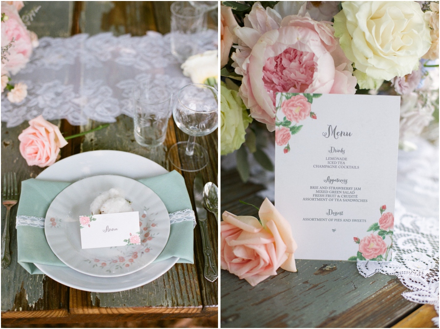 a cotton ball on each plate holding place cards, southern wedding color schemes, coral, sage green, blush pink, garden party-style stationary from Crafty Pie Press