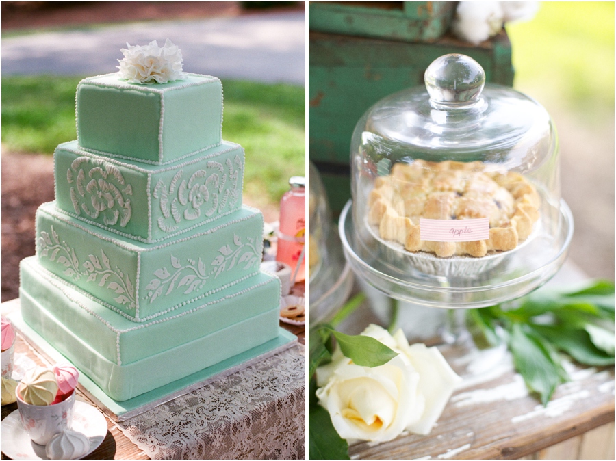 mint and cream wedding cake from Linacucina, yummy apple pie at southern bridal luncheon, vintage wedding photographers