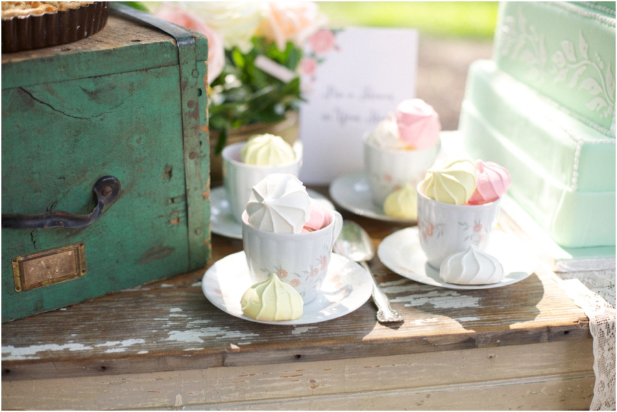 colorful meringues in vintage china teacups, vintage wedding photography, rustic bridal photographers