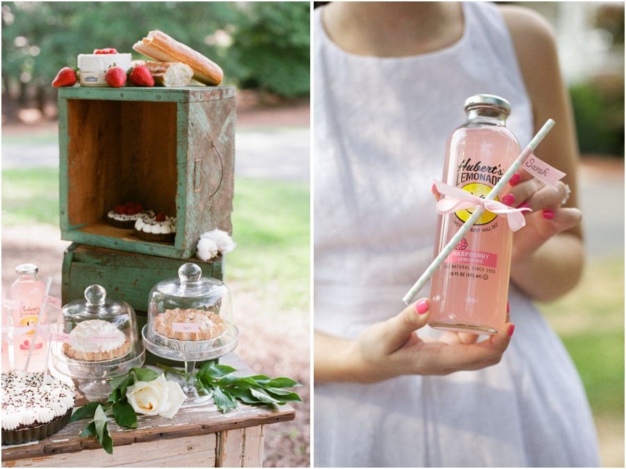 summer wedding reception inspiration, assorted pies and yummy appetizers, bride holding bottle of pink lemonade with a minty green polka dot paper straw