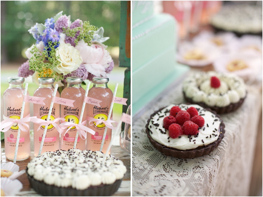 minty polka dot straws tied to each bottle of lemonade with ribbon and festooned with a personalized washi tape flag, chocolate and fruit pies at southern reception, summer bridal photography