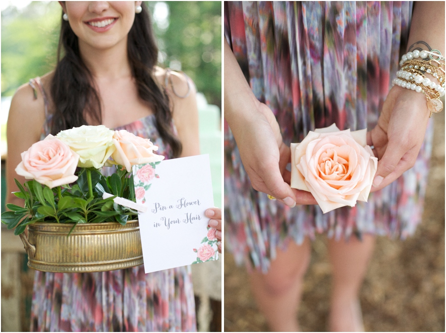 a 'pin a flower in your hair' bar at southern luncheon, vintage bridal photography