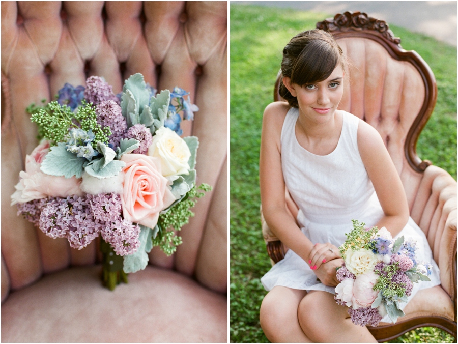 southern bridal bouquet with lilacs, roses, peonies, and puffs of cotton, editorial wedding photography, raleigh nc