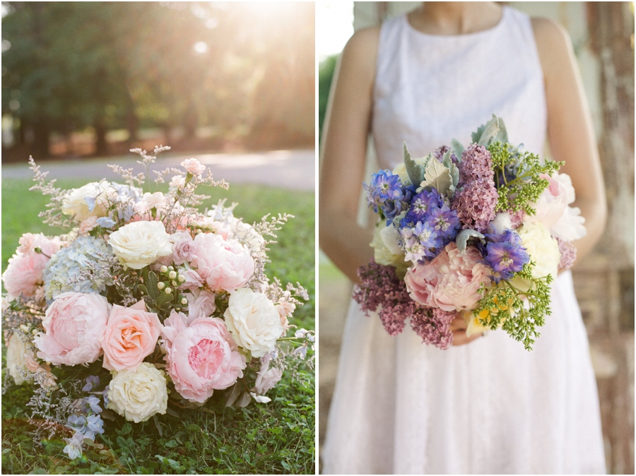 lush floral arrangement of peach and cream roses and pink peonies, beautiful bridal bouquet of lilacs, roses, peonies, and puffs of cotton from Embellished Blooms  