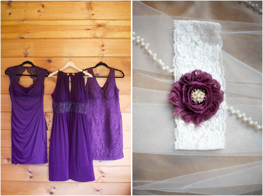 assorted purple bridesmaids dresses, brides lace garter with purple fabric flower