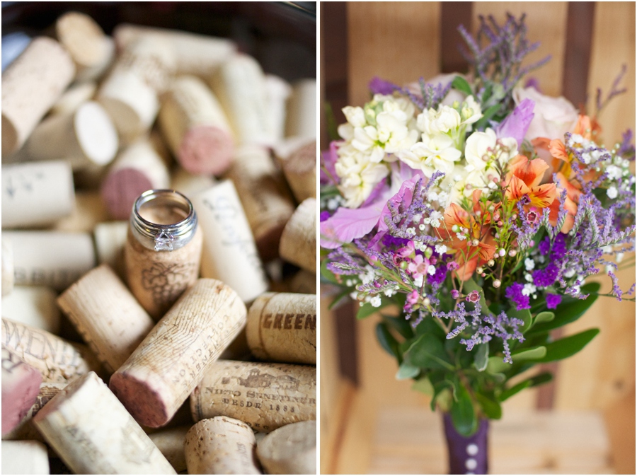 ring shots for wine lovers, purple cream and orange bridal bouquet