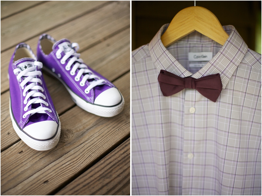 groom's purple converse shoes, groom's plaid shirt and bow tie from Belk