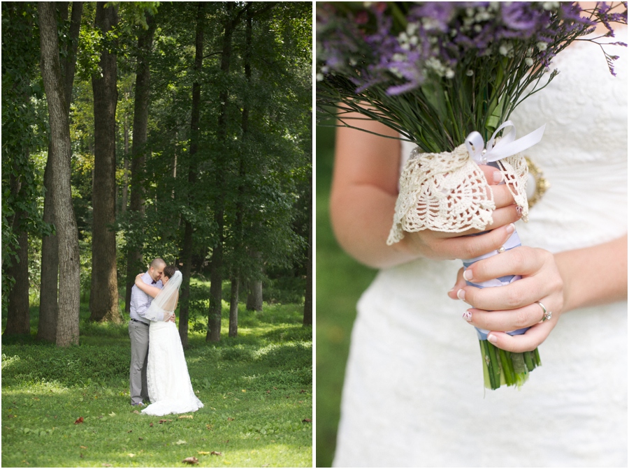 rustic wedding photography, fresh bridal bouquet incorporating an heirloom doily