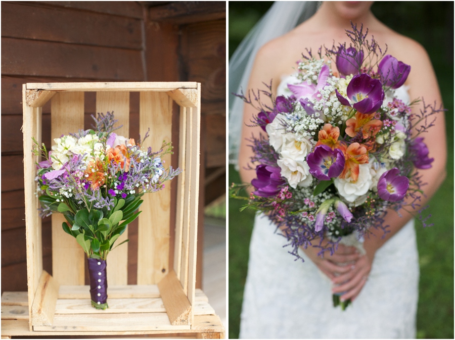 rustic wedding decor, purple cream and orange bridal bouquets, southern wedding photographer, raleigh nc