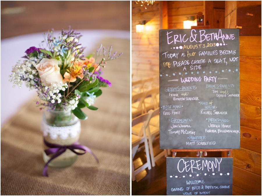 fresh floral centerpieces at wedding reception, chalkboard program at wedding, rustic wedding photography
