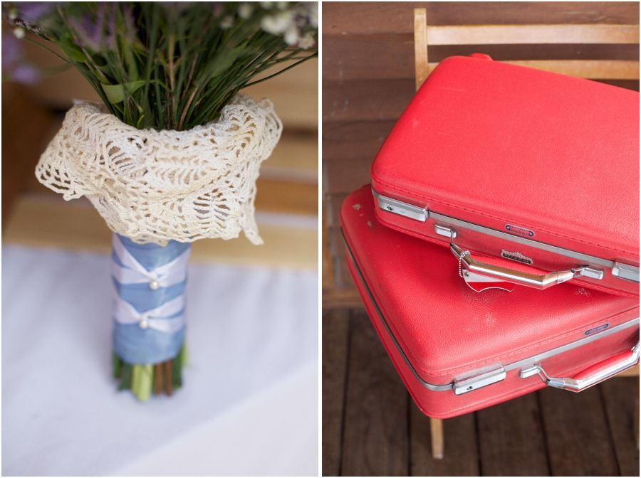 bridal bouquet incorporating heirloom dolly, vintage red suitcases, southern wedding photography