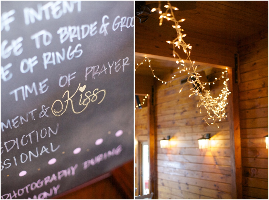 chalkboard wedding program, stringed lights decor at barn wedding