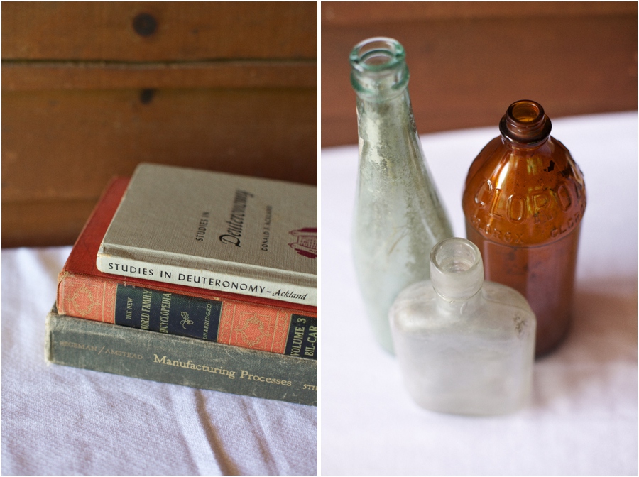 rustic wedding decor, couple's favorite books, vintage bottles