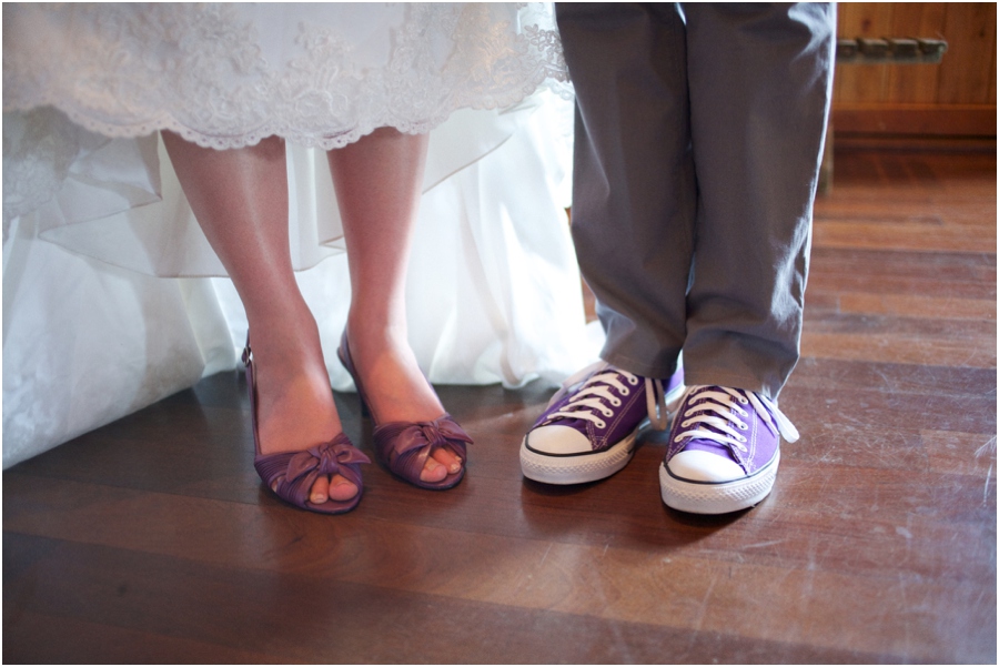 bride and groom wearing purple shoes, rustic wedding photography