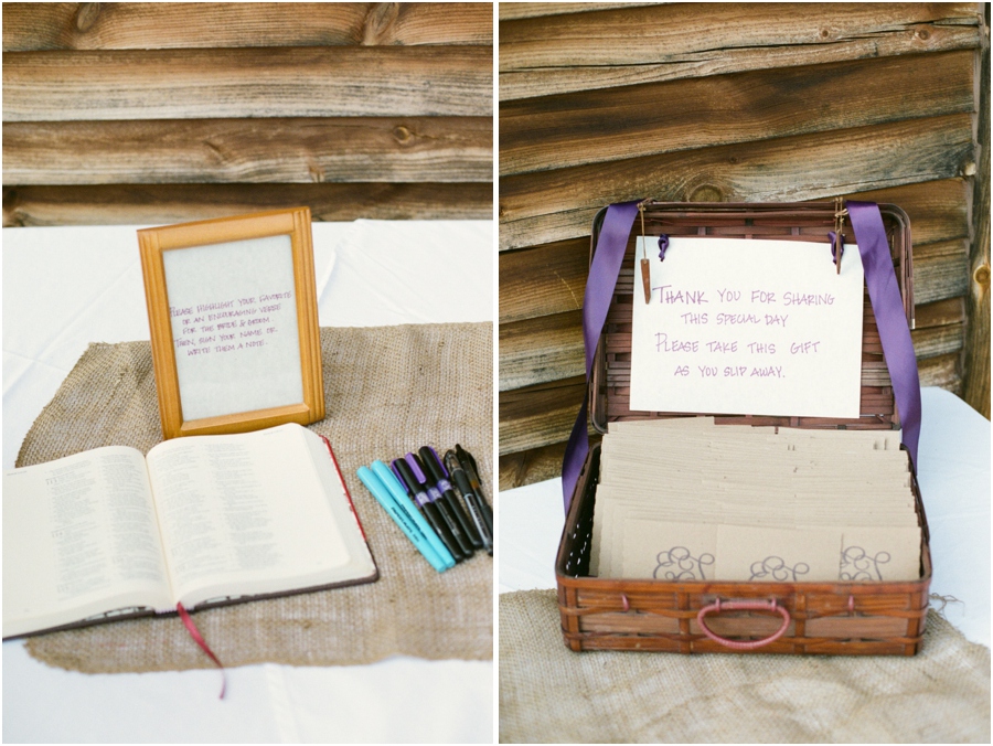 unique guest book idea, guests highlight a favorite verse in the Bible and put their name and a note for the couple beside it, discs filled with favorite songs made for personal favors for guests to take home