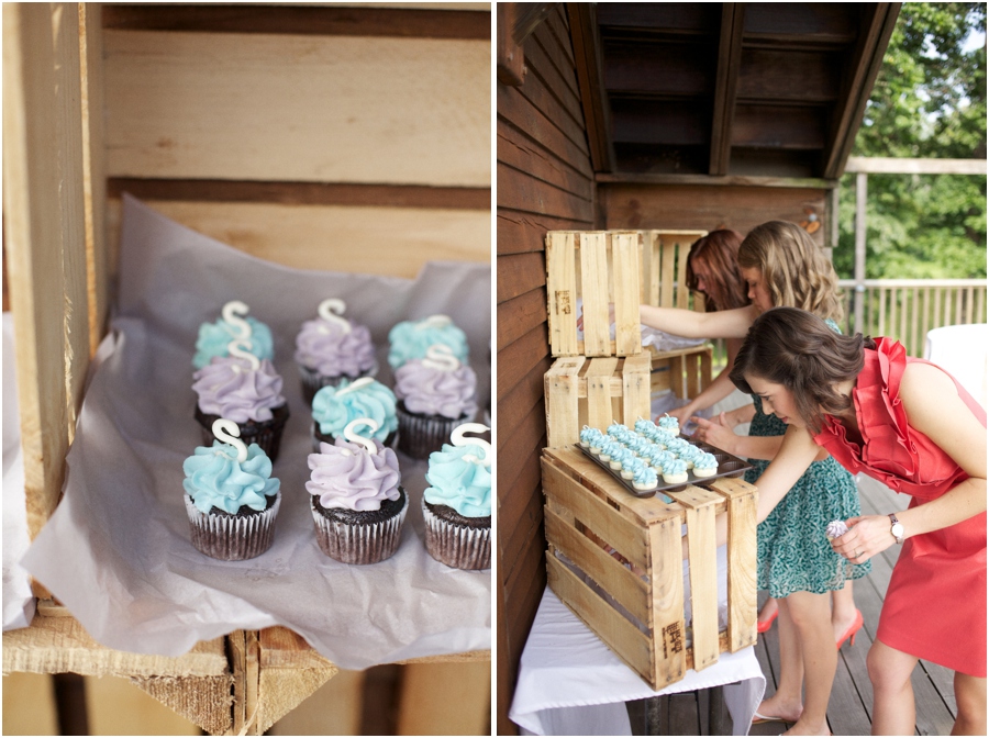 little monogrammed cupcakes from Gigi's Cupcakes, rustic barn wedding photography