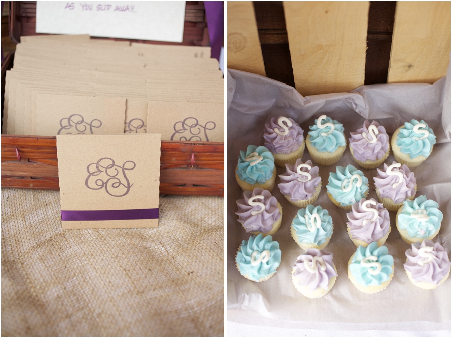wedding favor inspiration, discs with couple's favorite songs, purple and light blue monogrammed cupcakes