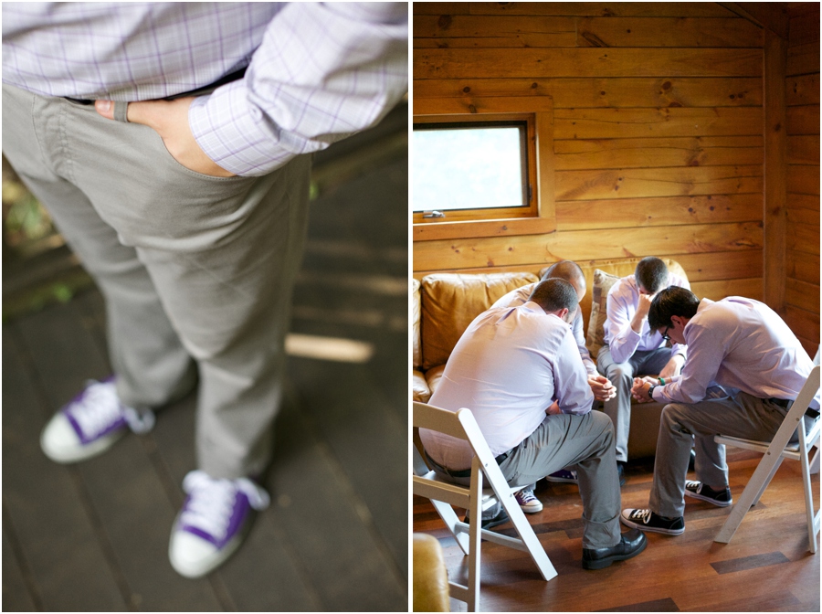 groom wearing purple converse shoes, groomsmen praying before the ceremony 