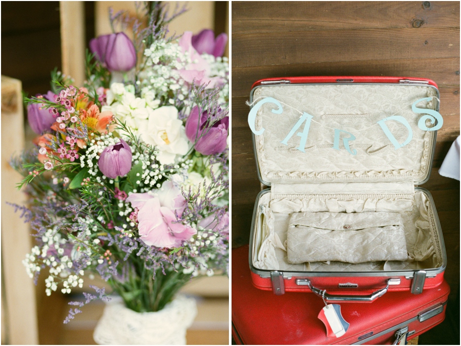 fresh floral centerpiece at wedding reception, vintage wedding decor, vintage suitcase for cards 