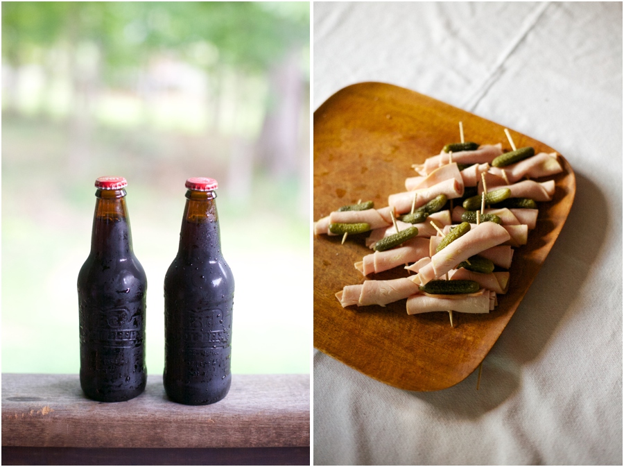 cold root beer for wedding reception refreshments, pickles and meat appetizers 