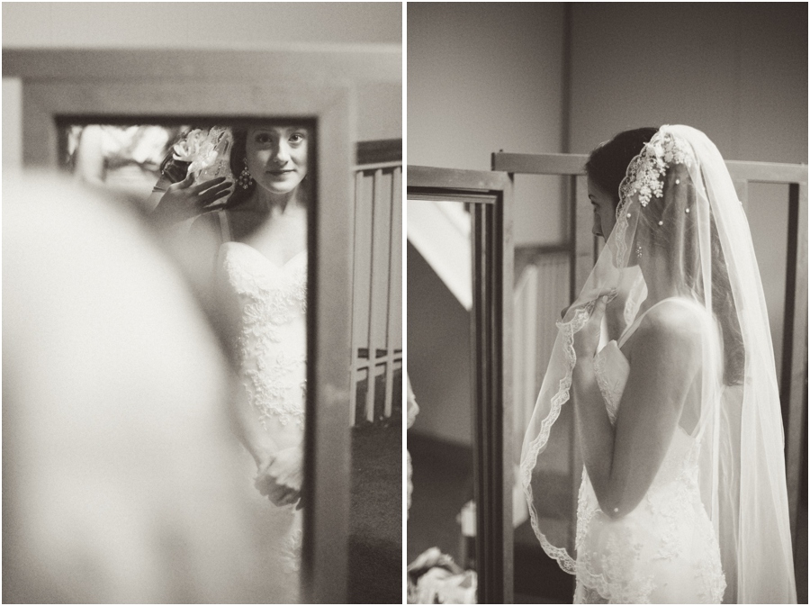 bride getting ready, mirror bride, bride wearing beautiful heirloom veil