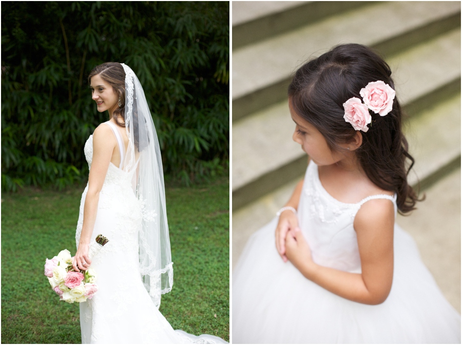 summer bridal photography, flowergirl with pink flowers in her hair, southern wedding photographers