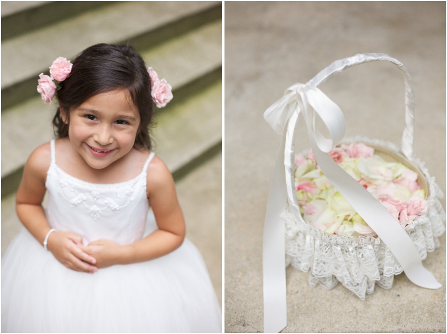cute flowergirl, white ribbon covered basket with fresh flower petals