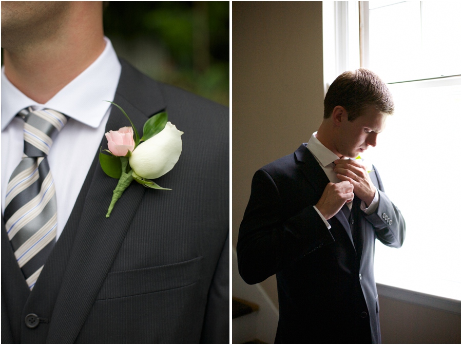 groom's pink and cream boutonniere, groom getting ready, southern wedding photography