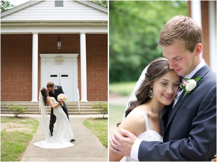 romantic dip-kiss outside of Mosaic Church, southern wedding photography, cary nc