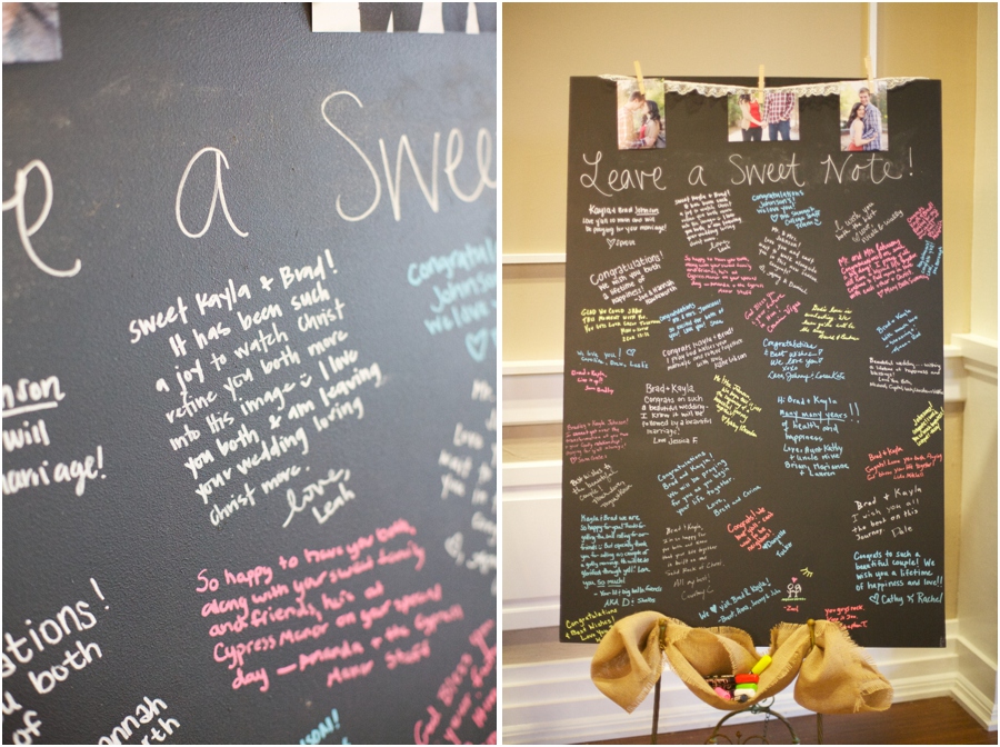 sweet notes from friends and family on chalkboard guestbook, southern wedding photography