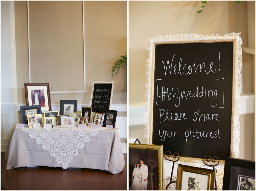 display of wedding photos of several generations of the bride and groom's families at wedding reception, southern wedding photographers
