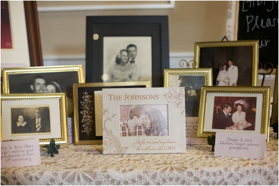 display of wedding pictures of several generations of the bride and groom's families at wedding reception, southern traditions, southern wedding photographers