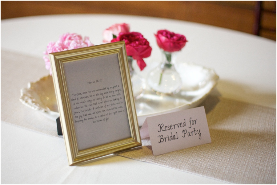 handwritten bible verses in assorted frames on reception tables, southern wedding photography