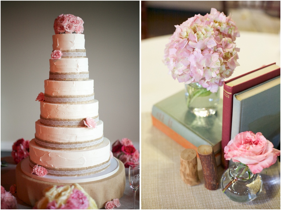 burlap and lace-edged wedding cake topped with pink flowers, couple's favorite books as centerpieces