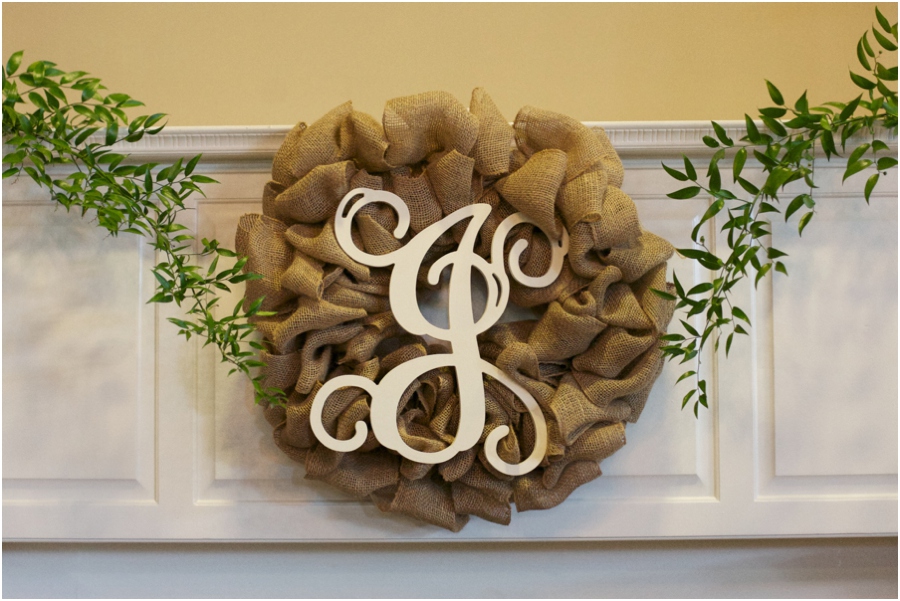 monogrammed burlap wreath at rustic wedding, southern wedding photography, raleigh nc