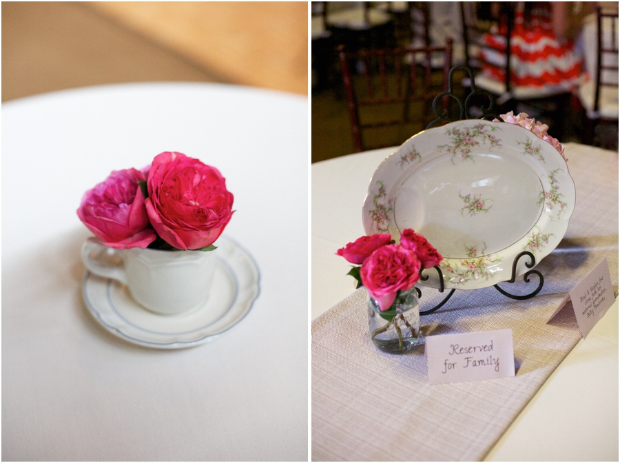 fresh pink flowers and heirloom china wedding centerpieces, vintage wedding photographers, raleigh nc 