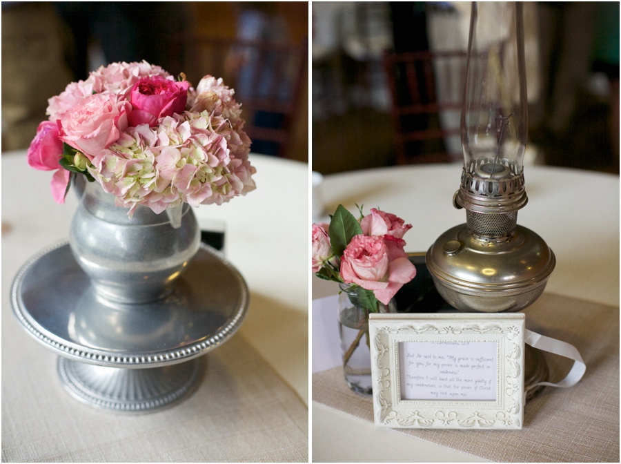 fresh blush pink flowers in heirloom centerpiece, vintage wedding centerpieces, southern wedding photographers 