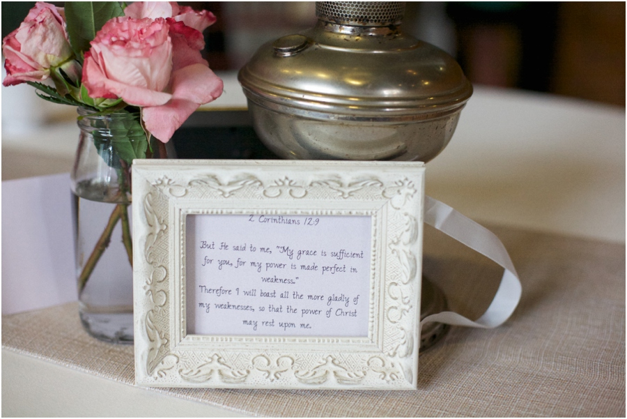 vintage wedding centerpieces, framed bible verses on each table, southern wedding photography, raleigh nc
