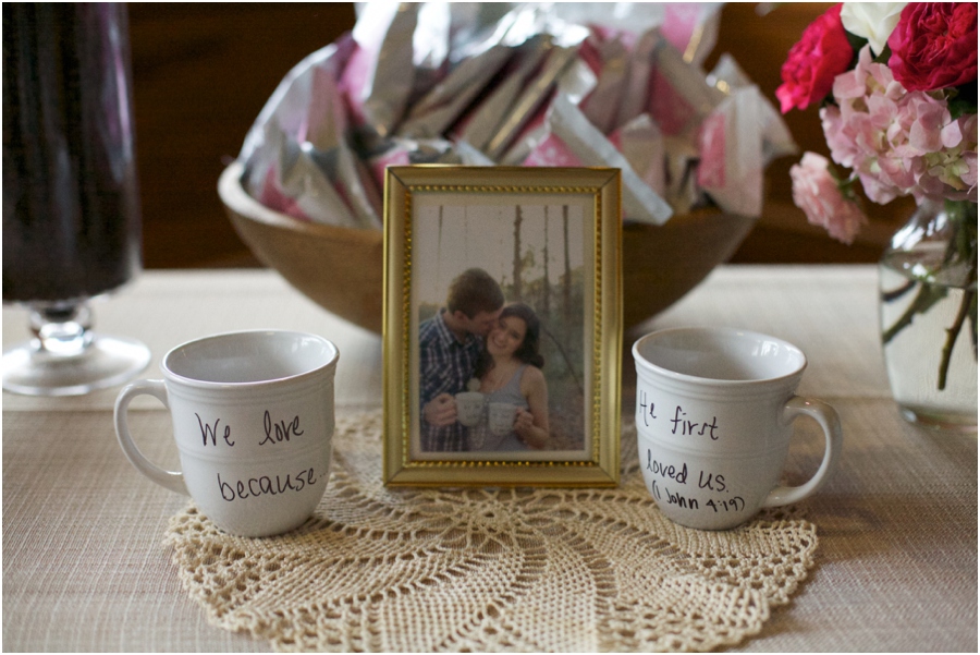 unique wedding reception decor, coffee mugs with couple's favorite bible verse, southern wedding photography
