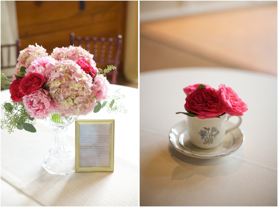 blush pink fresh floral arrangements, pink and red flowers in vintage teacup, vintage wedding photographers