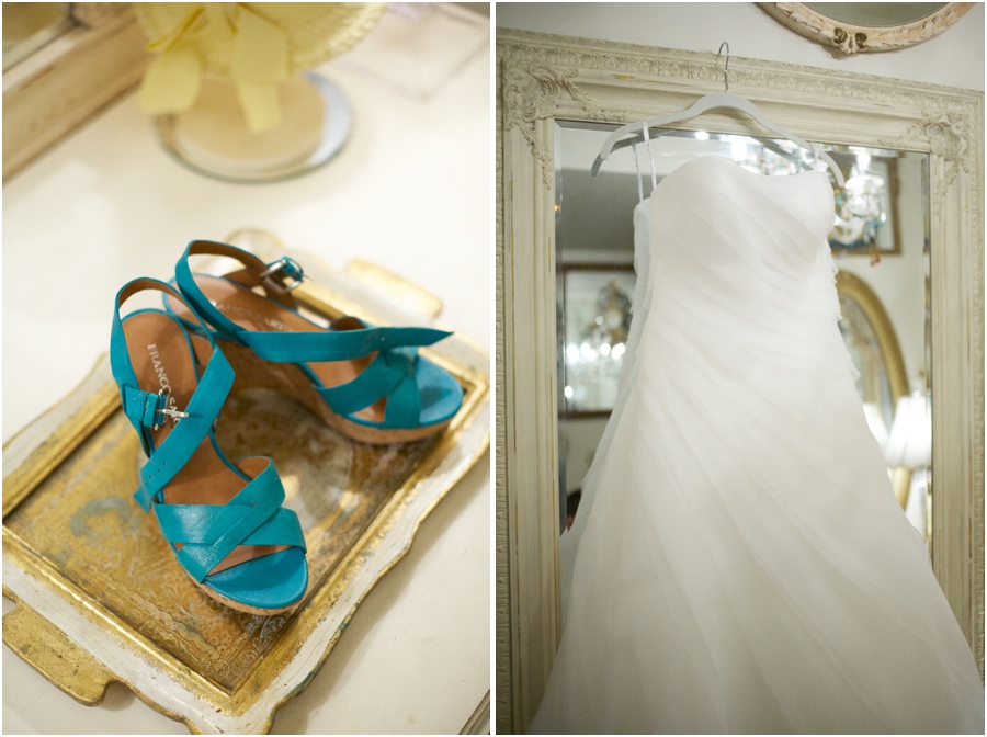 teal bridal shoes, wedding gown from Bridal Mart